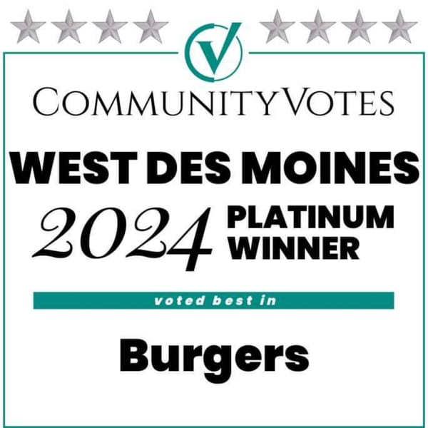 Community Votes West Des Moines 2024 Platinum Winner for Burgers award graphic.