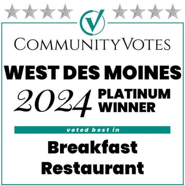 PerKup Cafe's 2024 Community Votes Platinum Winner award for Best Breakfast Restaurant in West Des Moines.