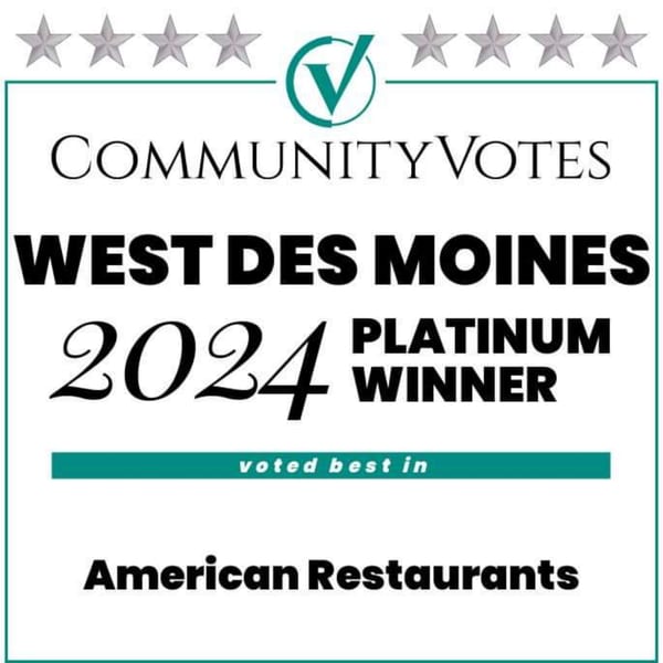 Community Votes West Des Moines 2024 Platinum Winner for American Restaurants award graphic.