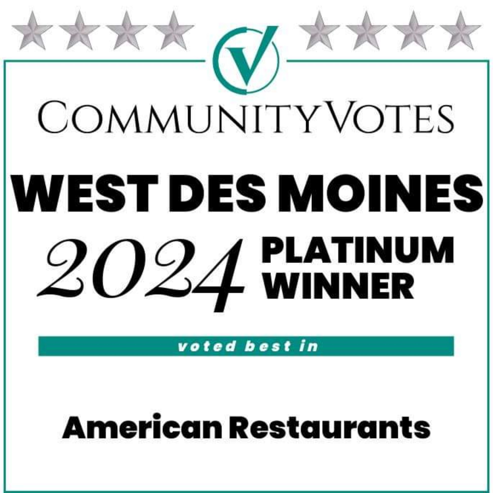 Community Votes West Des Moines 2024 Platinum Winner for American Restaurants award graphic.