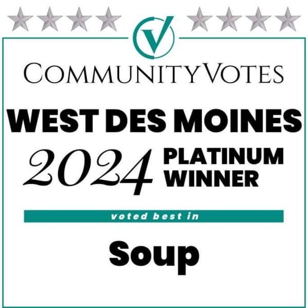 Community Votes West Des Moines 2024 Platinum Winner, voted best in Soup award graphic.