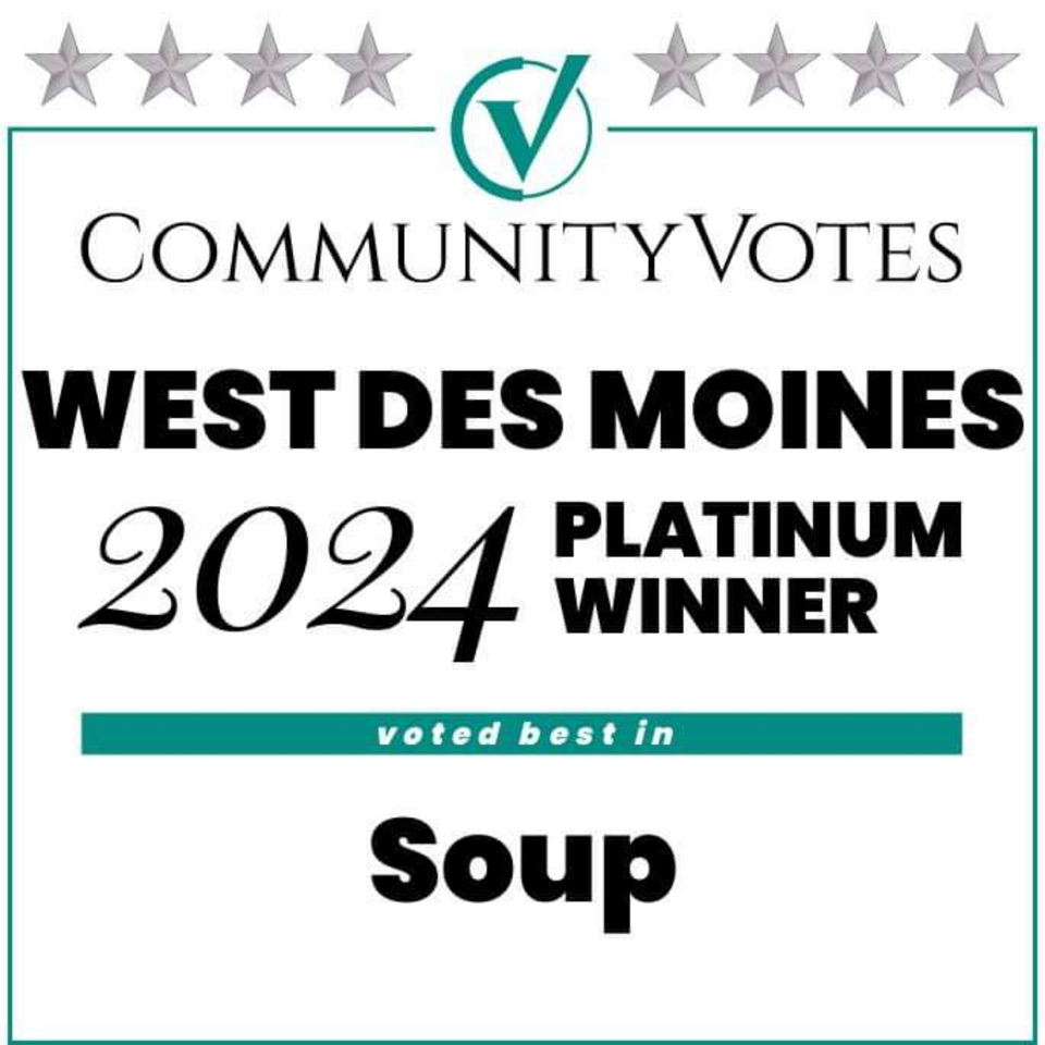 Community Votes West Des Moines 2024 Platinum Winner, voted best in Soup award graphic.