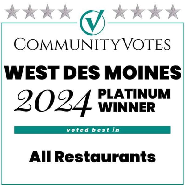 PerKup Cafe's 2024 Community Votes Platinum Winner award for Best Restaurant in West Des Moines.