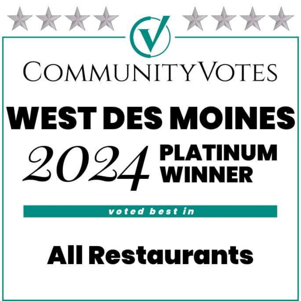 PerKup Cafe's 2024 Community Votes Platinum Winner award for Best Restaurant in West Des Moines.