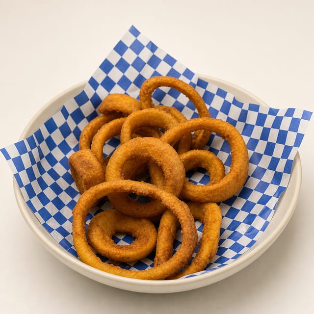 BASKET OF ONION RINGS.